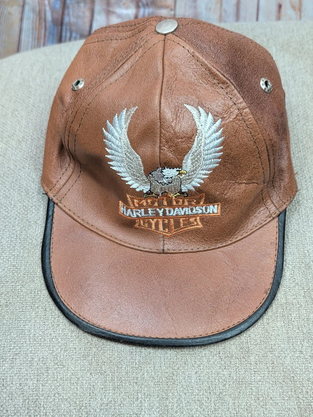Vintage Harley-Davidson Brown Leather Trucker Cap Hat with Eagle Embroidery